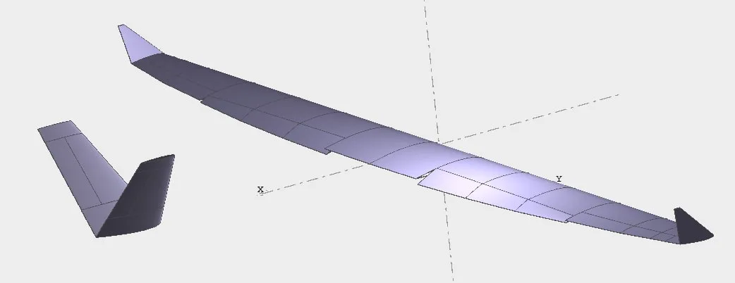 Modelo en 3D del ala y la cola de un diseño de avión.